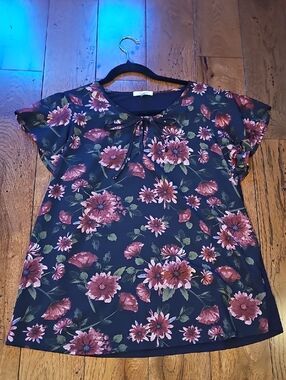 Maurices Navy Blouse with Subtle Floral Trim
